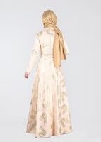 Tesettür giyim PUDRA KEMERLİ ÖNÜ DÜĞMELİ ABİYE ELBİSE 5284