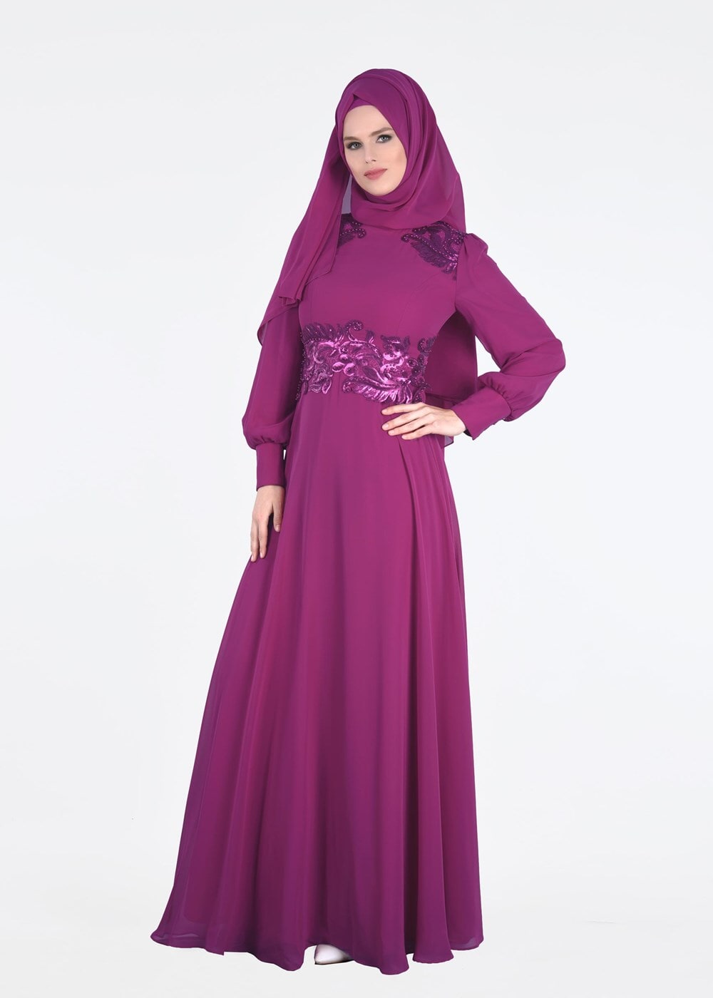 Tesettür giyim FUŞYA ŞİFON ABİYE ELBİSE 5285