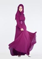 Tesettür giyim FUŞYA ŞİFON ABİYE ELBİSE 5285