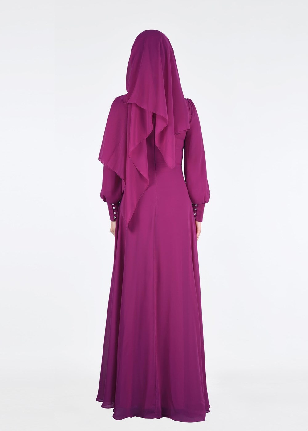 Tesettür giyim FUŞYA ŞİFON ABİYE ELBİSE 5285