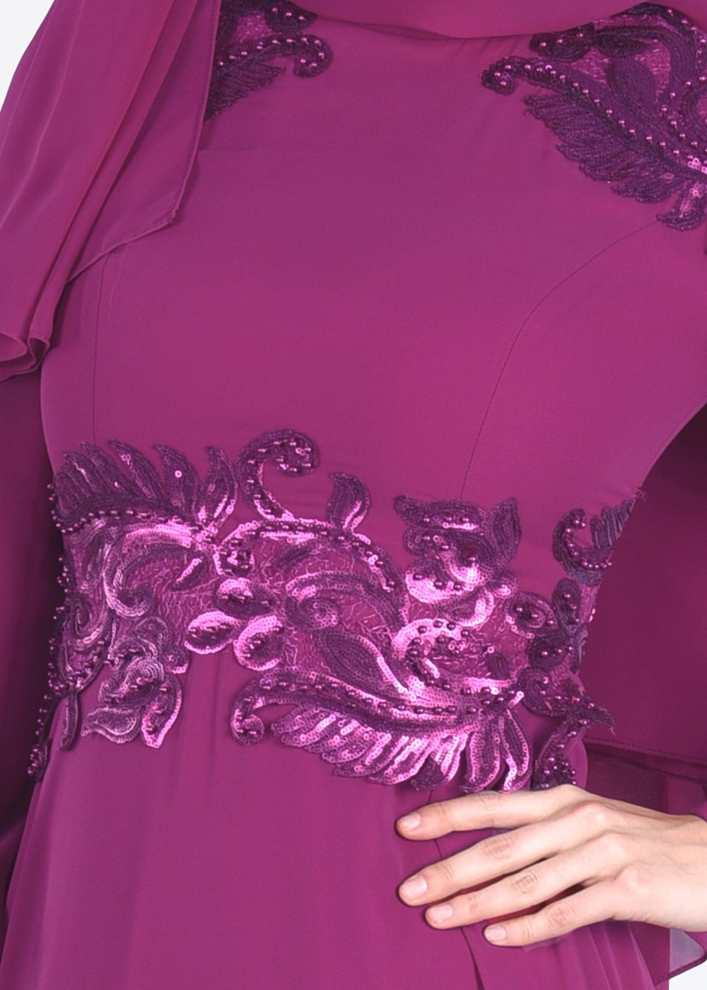 Tesettür giyim FUŞYA ŞİFON ABİYE ELBİSE 5285