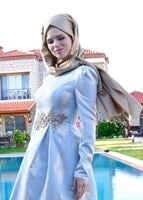 Tesettür giyim MAVİ İŞLEME DETAYLI JAKAR KUMAŞ ABİYE ELBİSE 5290 