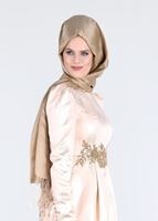 Tesettür giyim PUDRA İŞLEME DETAYLI JAKAR KUMAŞ ABİYE ELBİSE 5290 