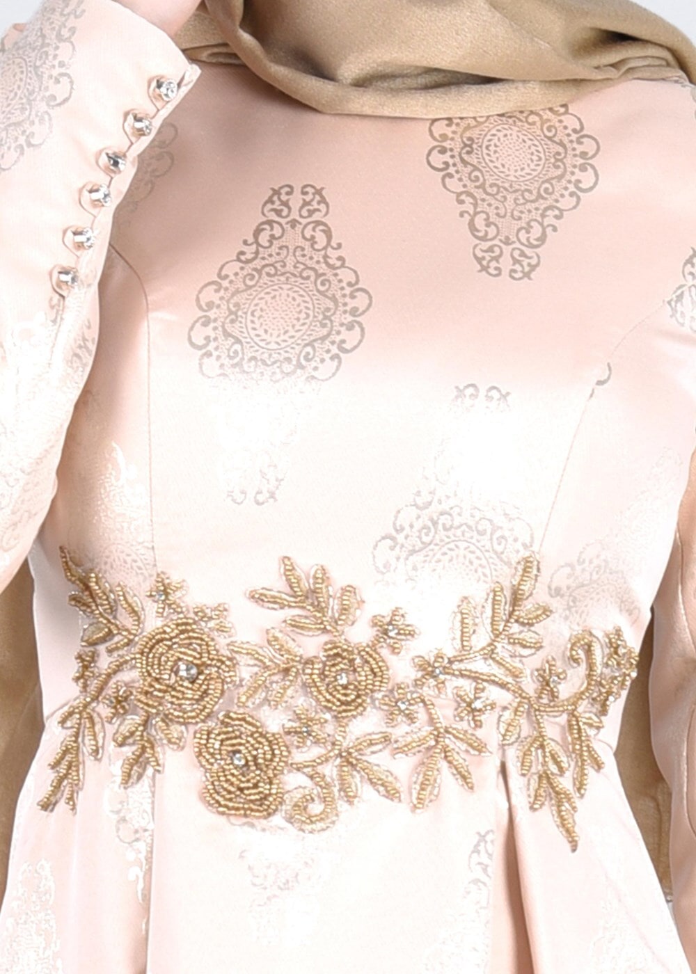Tesettür giyim PUDRA İŞLEME DETAYLI JAKAR KUMAŞ ABİYE ELBİSE 5290 