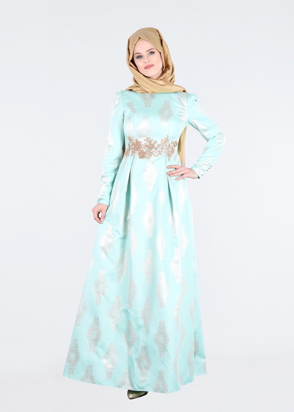 Tesettür giyim YEŞİL İŞLEME DETAYLI JAKAR KUMAŞ ABİYE ELBİSE 5290 