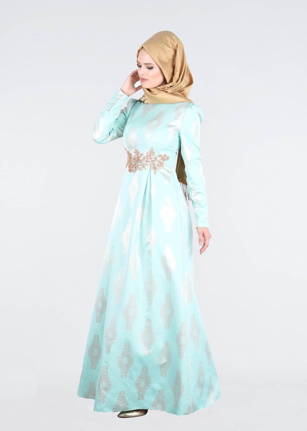 Tesettür giyim YEŞİL İŞLEME DETAYLI JAKAR KUMAŞ ABİYE ELBİSE 5290 