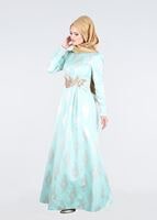 Tesettür giyim YEŞİL İŞLEME DETAYLI JAKAR KUMAŞ ABİYE ELBİSE 5290 