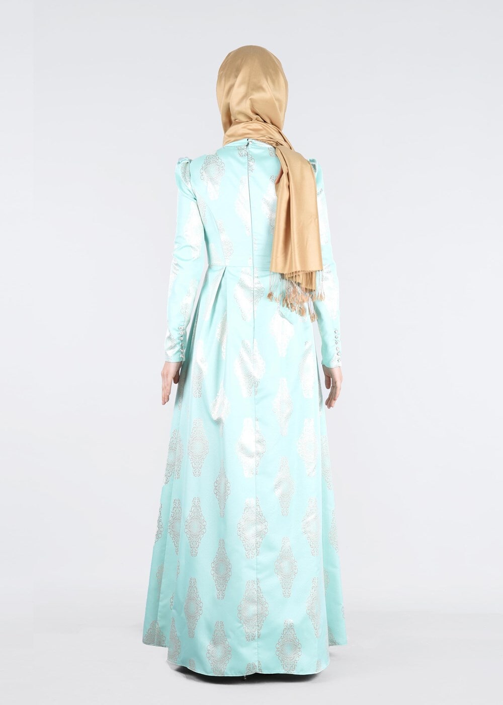 Tesettür giyim YEŞİL İŞLEME DETAYLI JAKAR KUMAŞ ABİYE ELBİSE 5290 