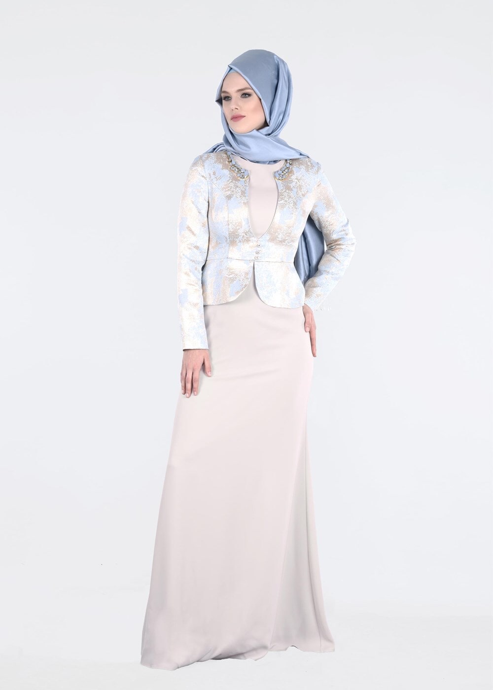 Tesettür giyim MAVİ JAKAR KUMAŞ TAŞ DETAYLI ABİYE ELBİSE 5292
