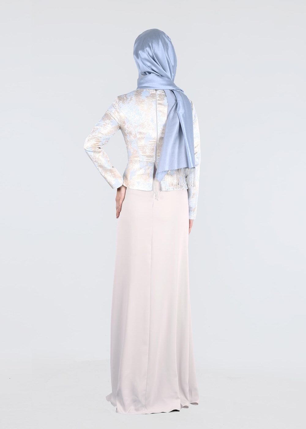 Tesettür giyim MAVİ JAKAR KUMAŞ TAŞ DETAYLI ABİYE ELBİSE 5292