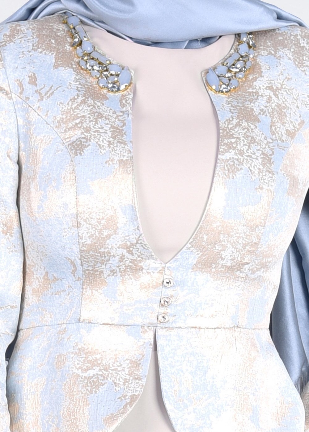 Tesettür giyim MAVİ JAKAR KUMAŞ TAŞ DETAYLI ABİYE ELBİSE 5292