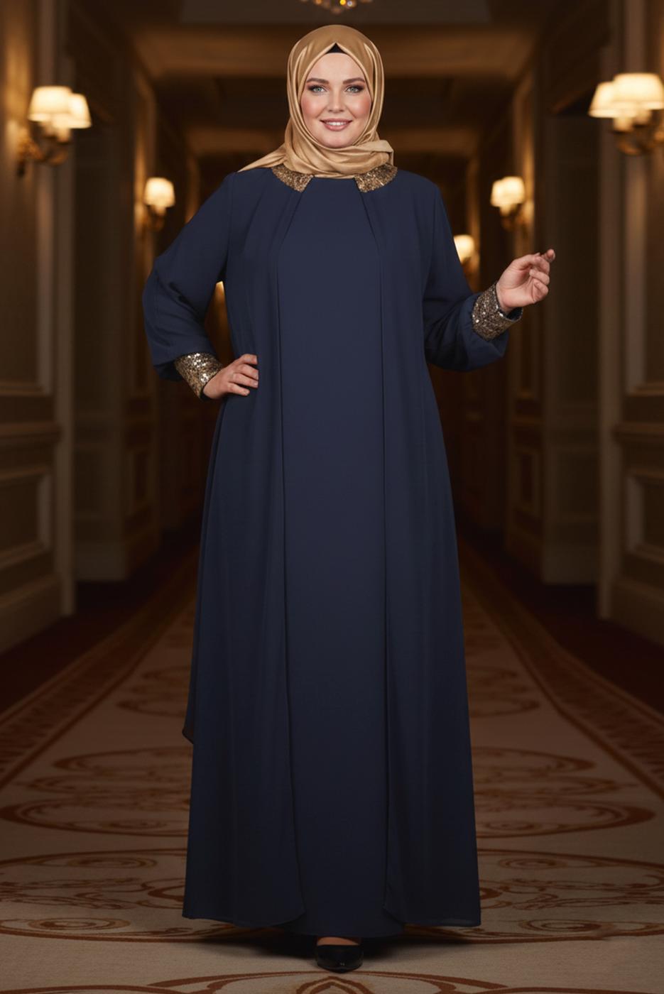 Tesettür giyim LACİVERT ALVİNA ŞİFON ABİYE ELBİSE T 5406