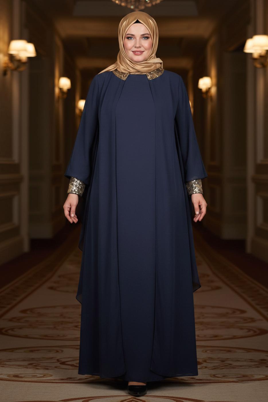 Tesettür giyim LACİVERT ALVİNA ŞİFON ABİYE ELBİSE T 5406
