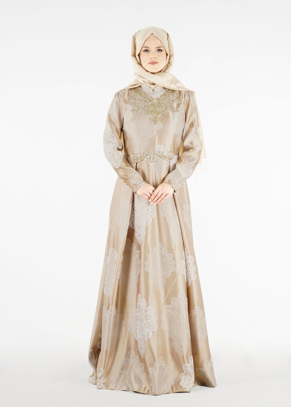Tesettür giyim ALTIN HAKİM YAKA BONCUK İŞLEMELİ ABİYE ELBİSE  5637 