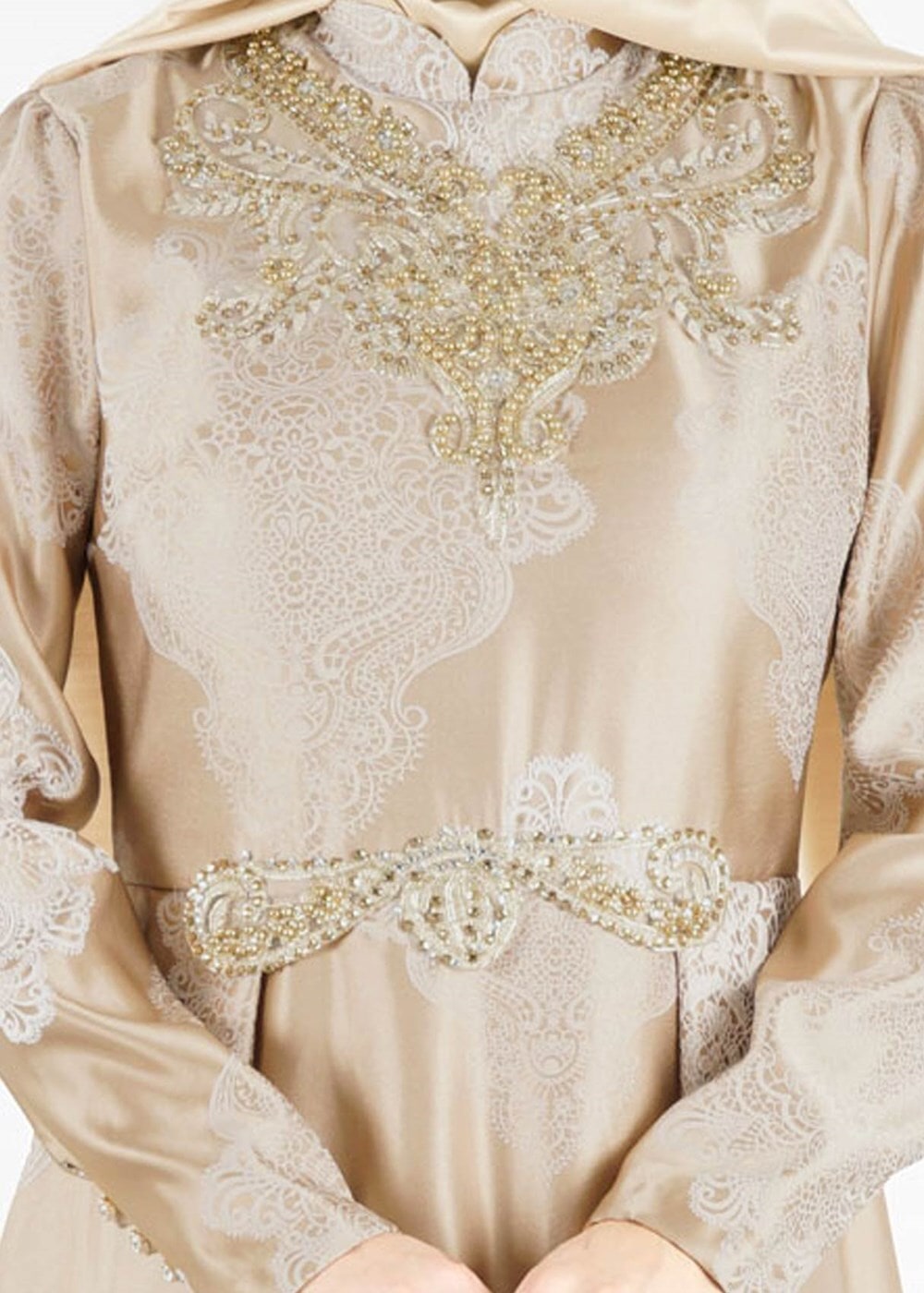 Tesettür giyim ALTIN HAKİM YAKA BONCUK İŞLEMELİ ABİYE ELBİSE  5637 