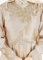 Tesettür giyim ALTIN HAKİM YAKA BONCUK İŞLEMELİ ABİYE ELBİSE  5637 