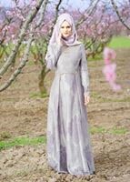 Tesettür giyim BEJ HAKİM YAKA BONCUK İŞLEMELİ ABİYE ELBİSE  5637 