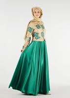 Tesettür giyim YEŞİL HAKİM YAKA İŞLEMELİ ABİYE ELBİSE 7637 