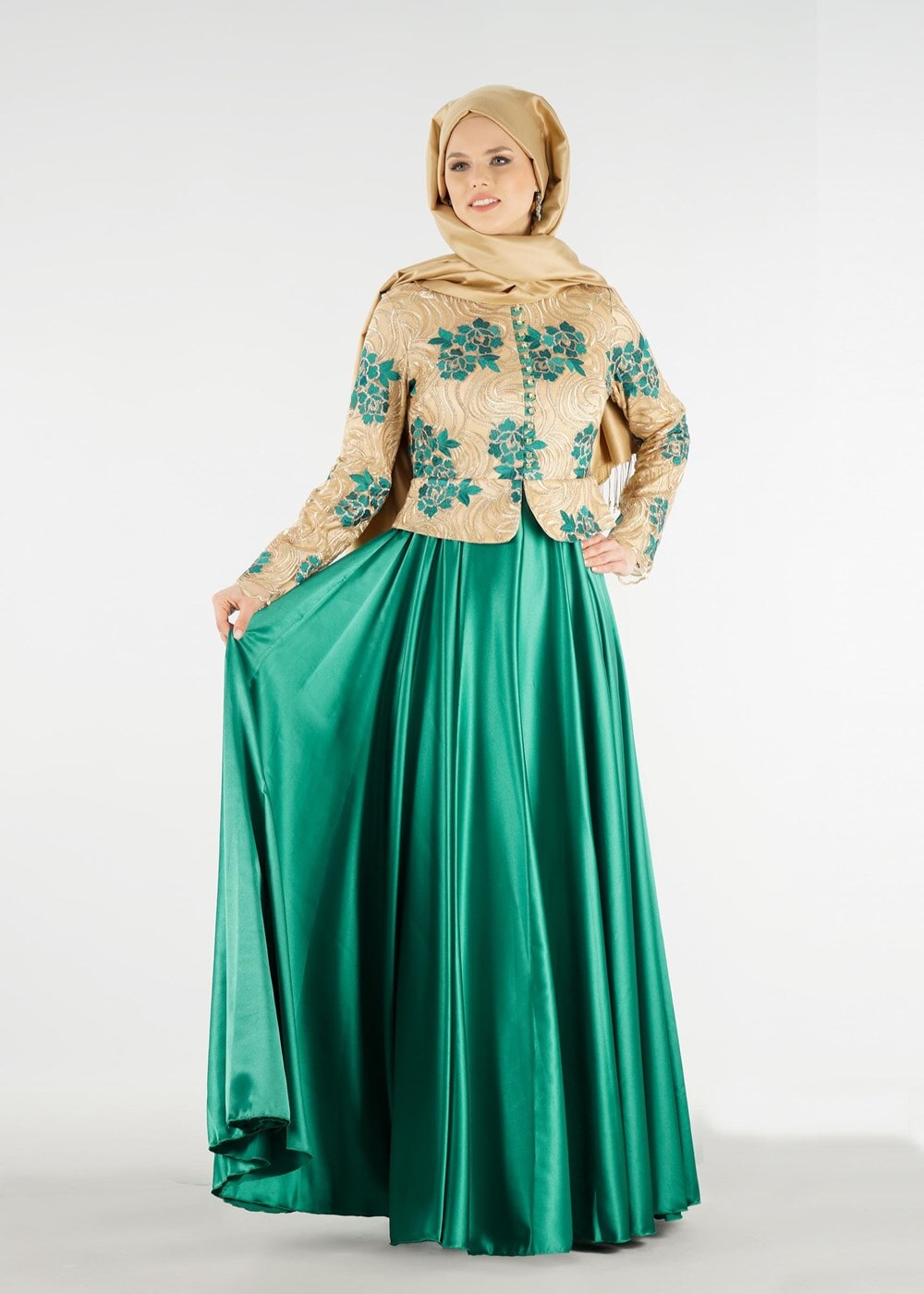 Tesettür giyim YEŞİL HAKİM YAKA İŞLEMELİ ABİYE ELBİSE 7637 