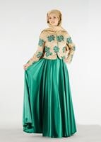 Tesettür giyim YEŞİL HAKİM YAKA İŞLEMELİ ABİYE ELBİSE 7637 