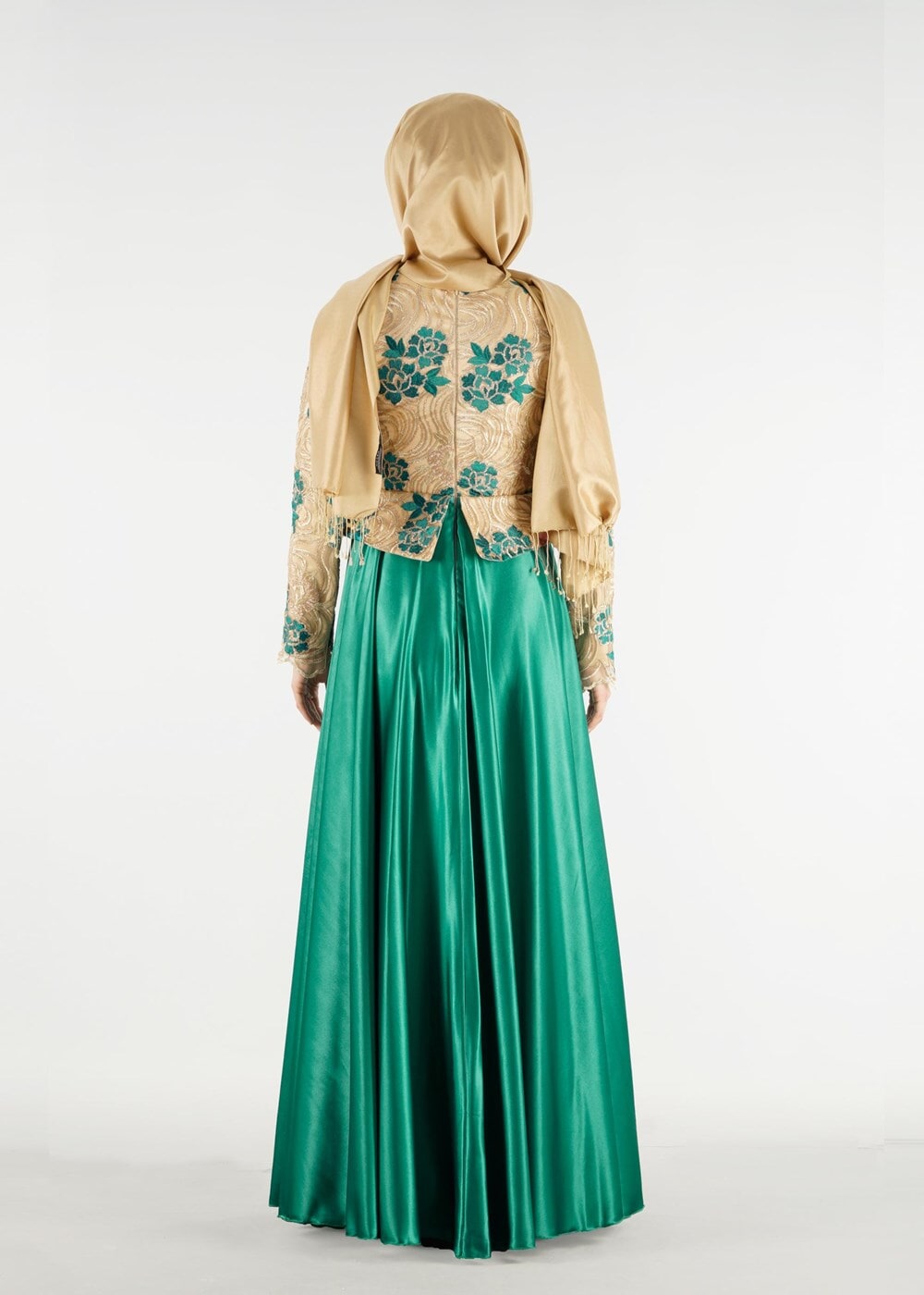 Tesettür giyim YEŞİL HAKİM YAKA İŞLEMELİ ABİYE ELBİSE 7637 