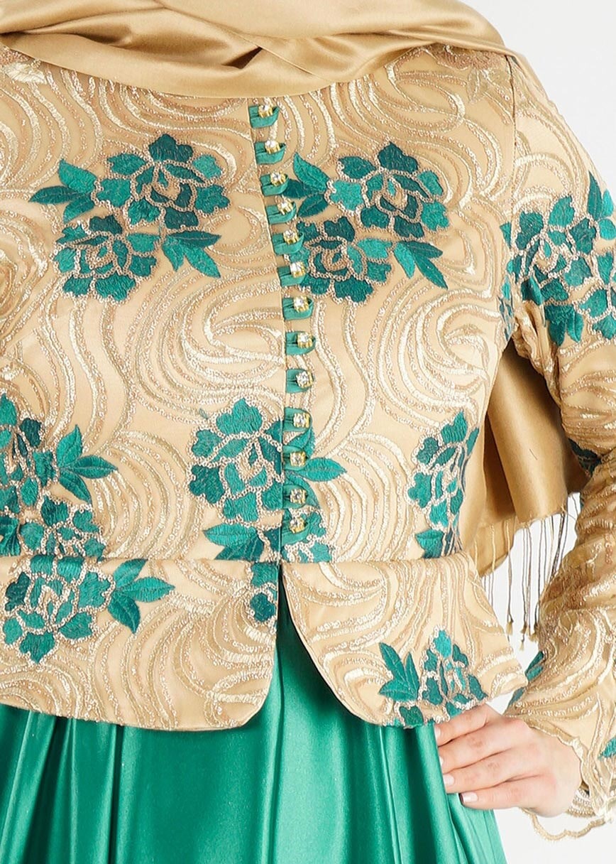 Tesettür giyim YEŞİL HAKİM YAKA İŞLEMELİ ABİYE ELBİSE 7637 