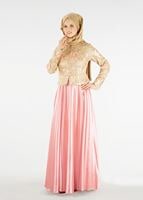 Tesettür giyim ALTIN HAKİM YAKA İŞLEMELİ ABİYE ELBİSE 7637 