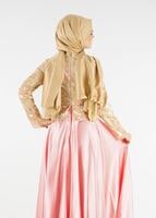 Tesettür giyim ALTIN HAKİM YAKA İŞLEMELİ ABİYE ELBİSE 7637 