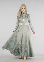 Tesettür giyim BEJ HAKİM YAKA BELİ KUŞAKLI ABİYE ELBİSE 8737