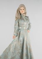 Tesettür giyim BEJ HAKİM YAKA BELİ KUŞAKLI ABİYE ELBİSE 8737