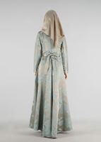 Tesettür giyim BEJ HAKİM YAKA BELİ KUŞAKLI ABİYE ELBİSE 8737