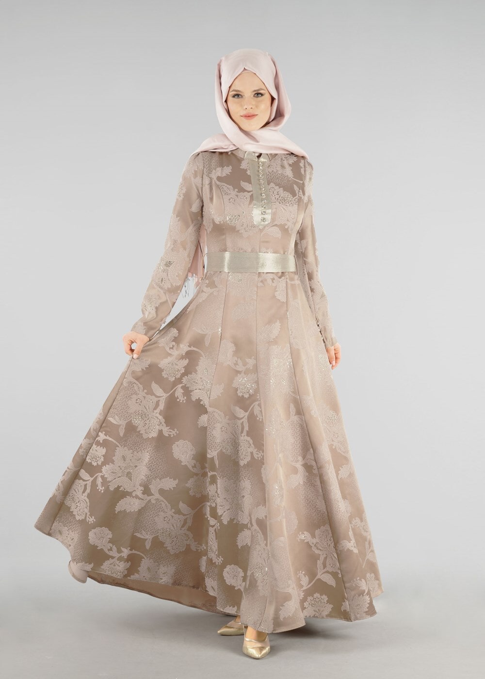 Tesettür giyim ALTIN HAKİM YAKA BELİ KUŞAKLI ABİYE ELBİSE 8737