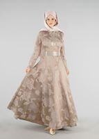 Tesettür giyim ALTIN HAKİM YAKA BELİ KUŞAKLI ABİYE ELBİSE 8737