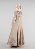 Tesettür giyim ALTIN HAKİM YAKA BELİ KUŞAKLI ABİYE ELBİSE 8737