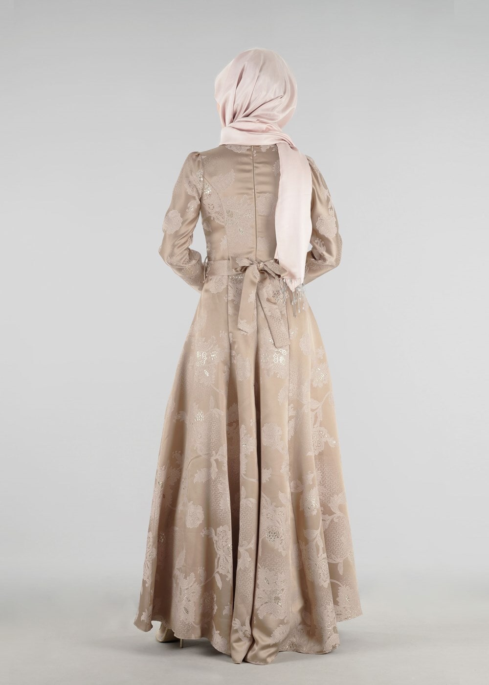 Tesettür giyim ALTIN HAKİM YAKA BELİ KUŞAKLI ABİYE ELBİSE 8737