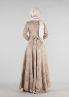 Tesettür giyim ALTIN HAKİM YAKA BELİ KUŞAKLI ABİYE ELBİSE 8737