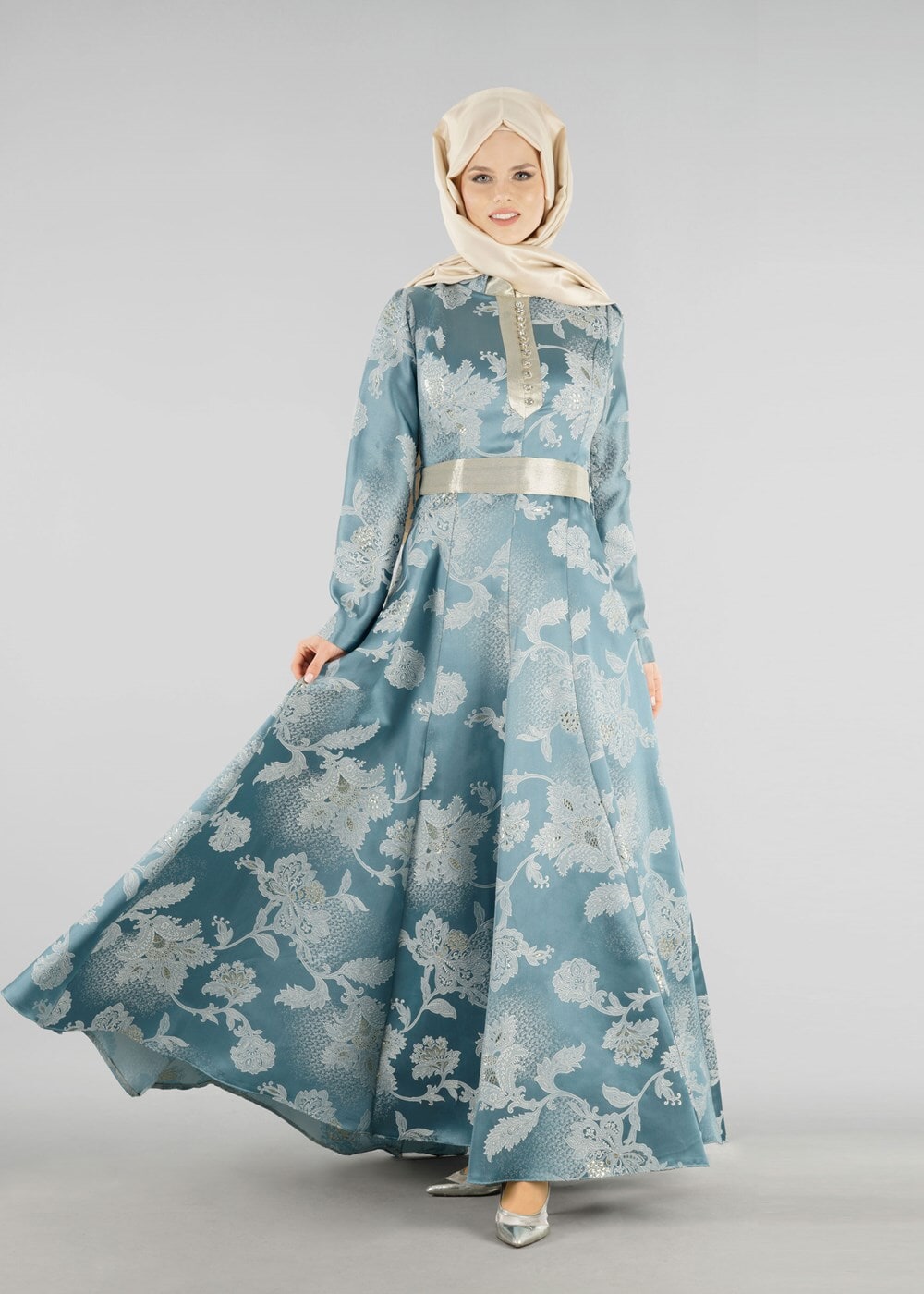 Tesettür giyim YEŞİL HAKİM YAKA BELİ KUŞAKLI ABİYE ELBİSE 8737