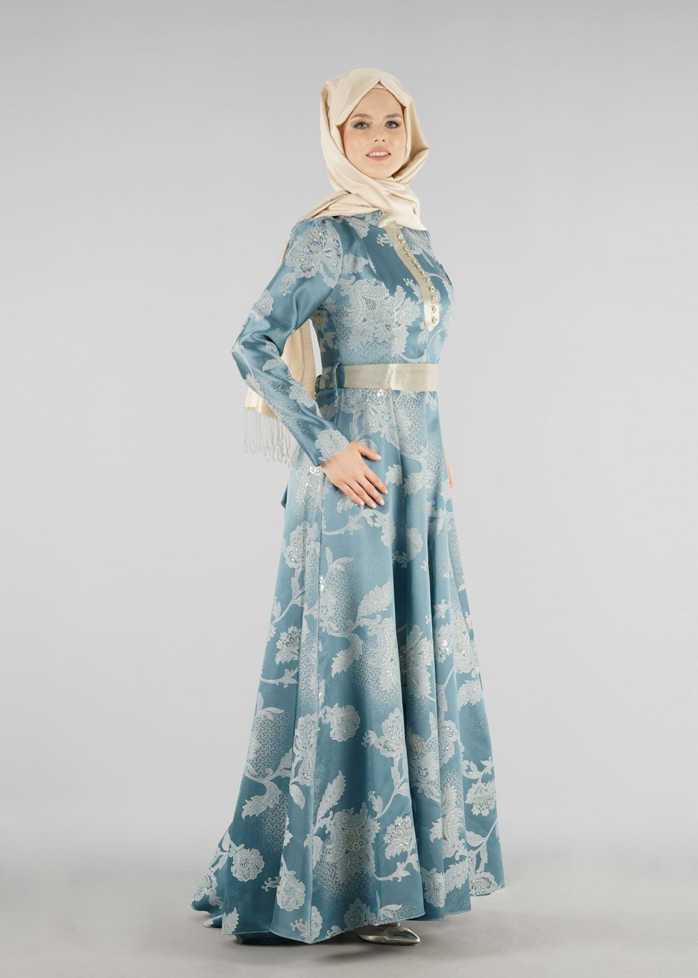 Tesettür giyim YEŞİL HAKİM YAKA BELİ KUŞAKLI ABİYE ELBİSE 8737