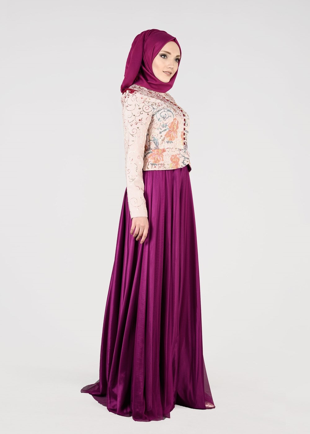 Tesettür giyim FUŞYA ÖNÜ DÜĞMELİ SİM DESEN ABİYE ELBİSE 9737 