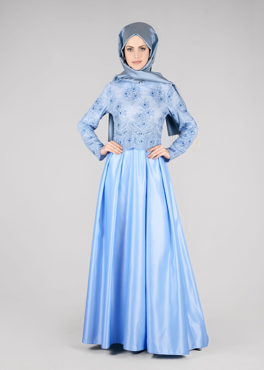 Vêtements hijab BLEU T 98525 Fy Collection-İşleme Detaylı Abiye Elbise