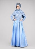Vêtements hijab BLEU T 98525 Fy Collection-İşleme Detaylı Abiye Elbise