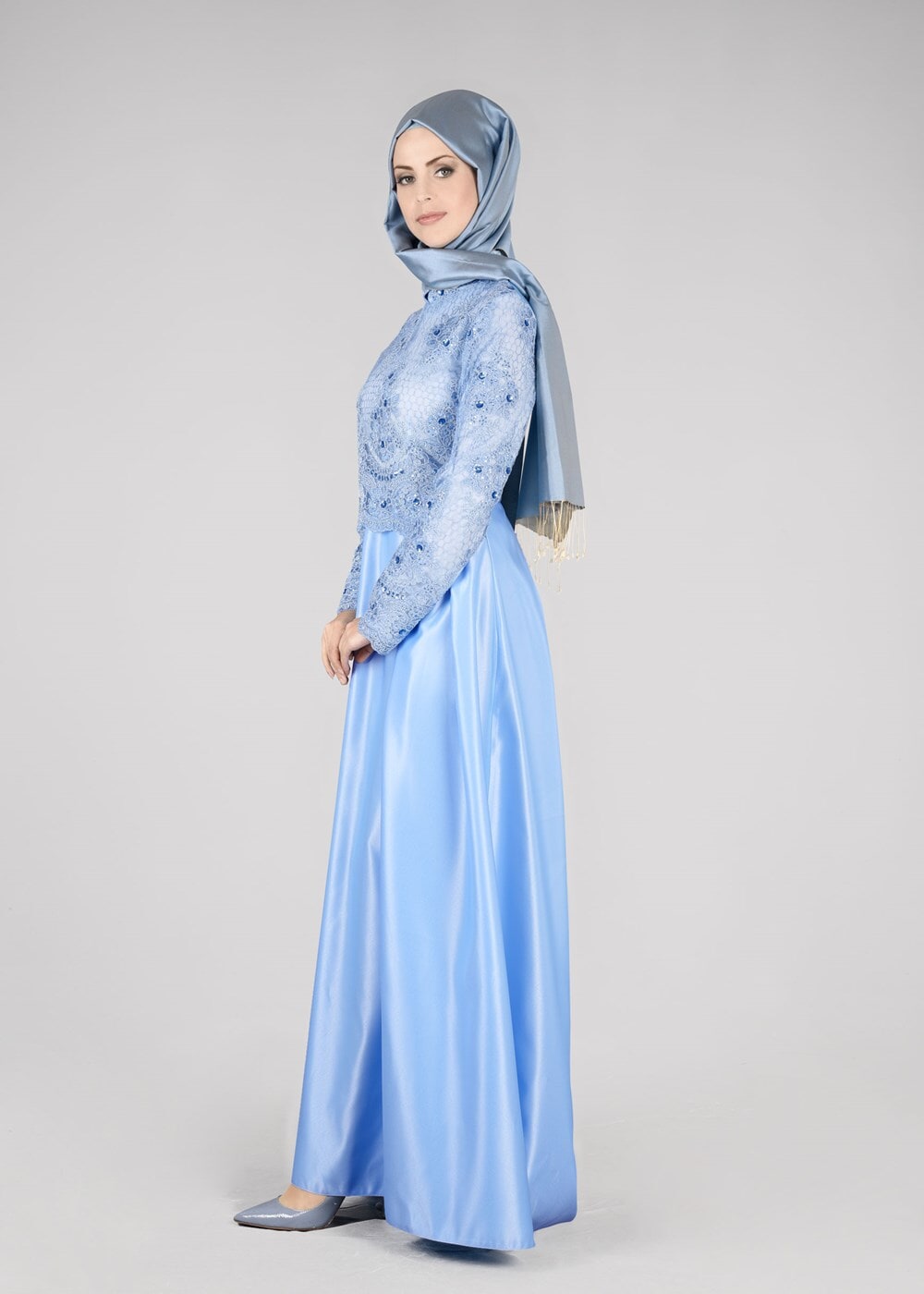 Vêtements hijab BLEU T 98525 Fy Collection-İşleme Detaylı Abiye Elbise