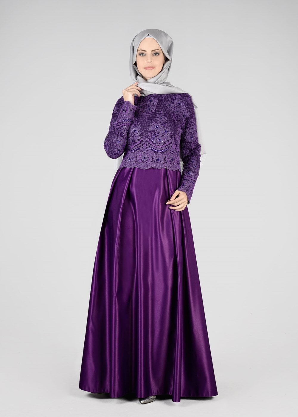 Tesettür giyim MOR İŞLEMELİ ABİYE ELBİSE 98525 