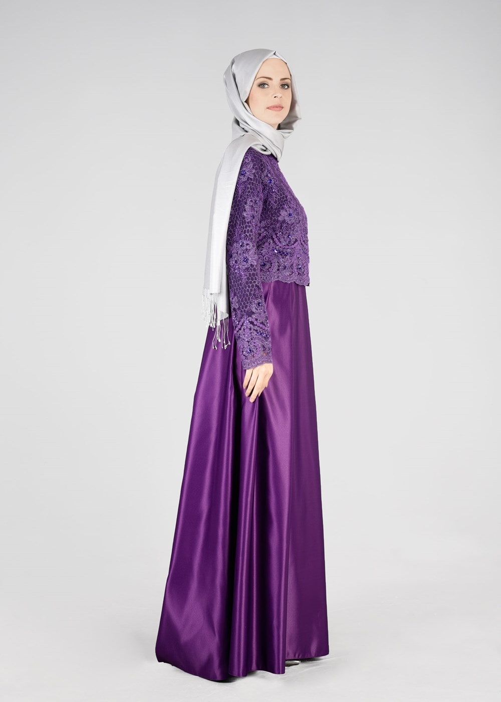 Tesettür giyim MOR İŞLEMELİ ABİYE ELBİSE 98525 