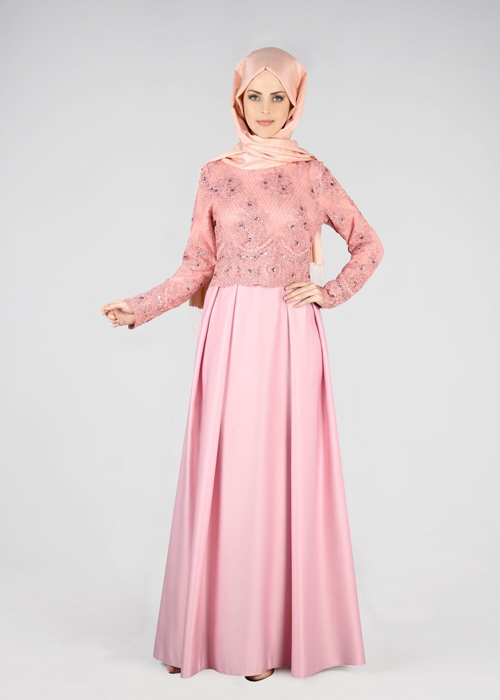 Hijab clothing POWDER T 98525 Fy Collection-İşleme Detaylı Abiye Elbise