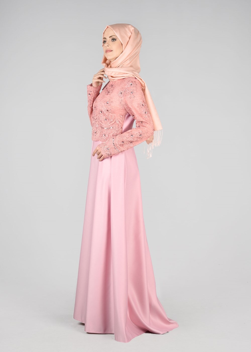 Hijab clothing POWDER T 98525 Fy Collection-İşleme Detaylı Abiye Elbise