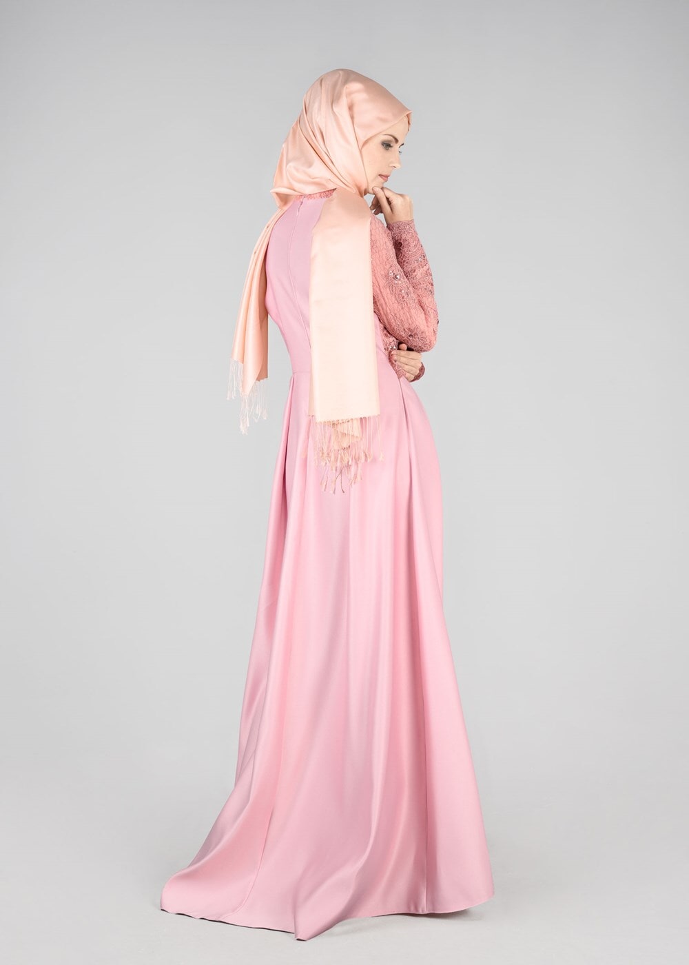 Hijab clothing POWDER T 98525 Fy Collection-İşleme Detaylı Abiye Elbise