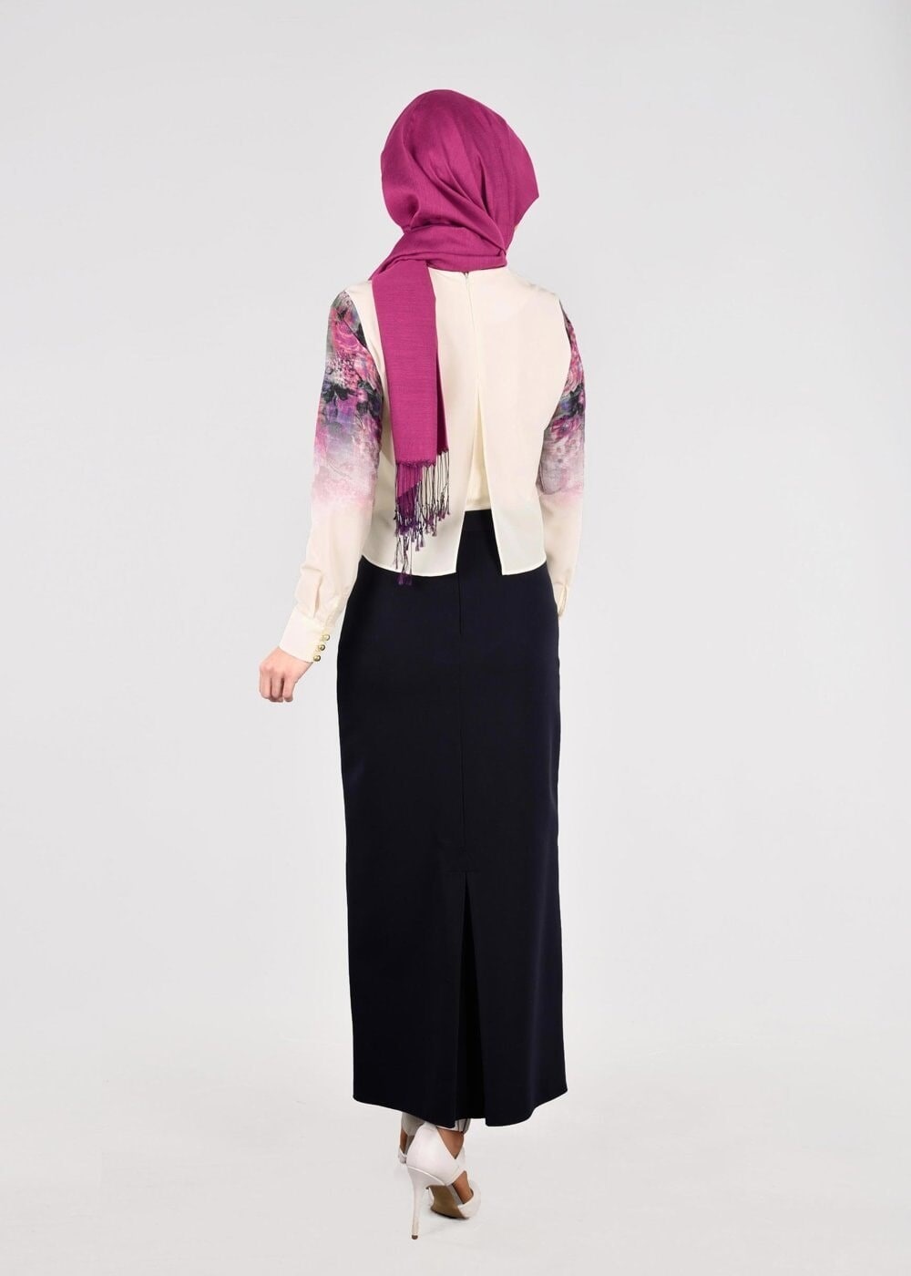 Vêtements hijab CRÈME BLOUSE IMPRIMÉ NUMÉRIQUE 761-1