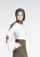 Tesettür giyim EKRU T 6648-1 Mısra-İspanyol Kol Çiçekli Tesettür Bluz
