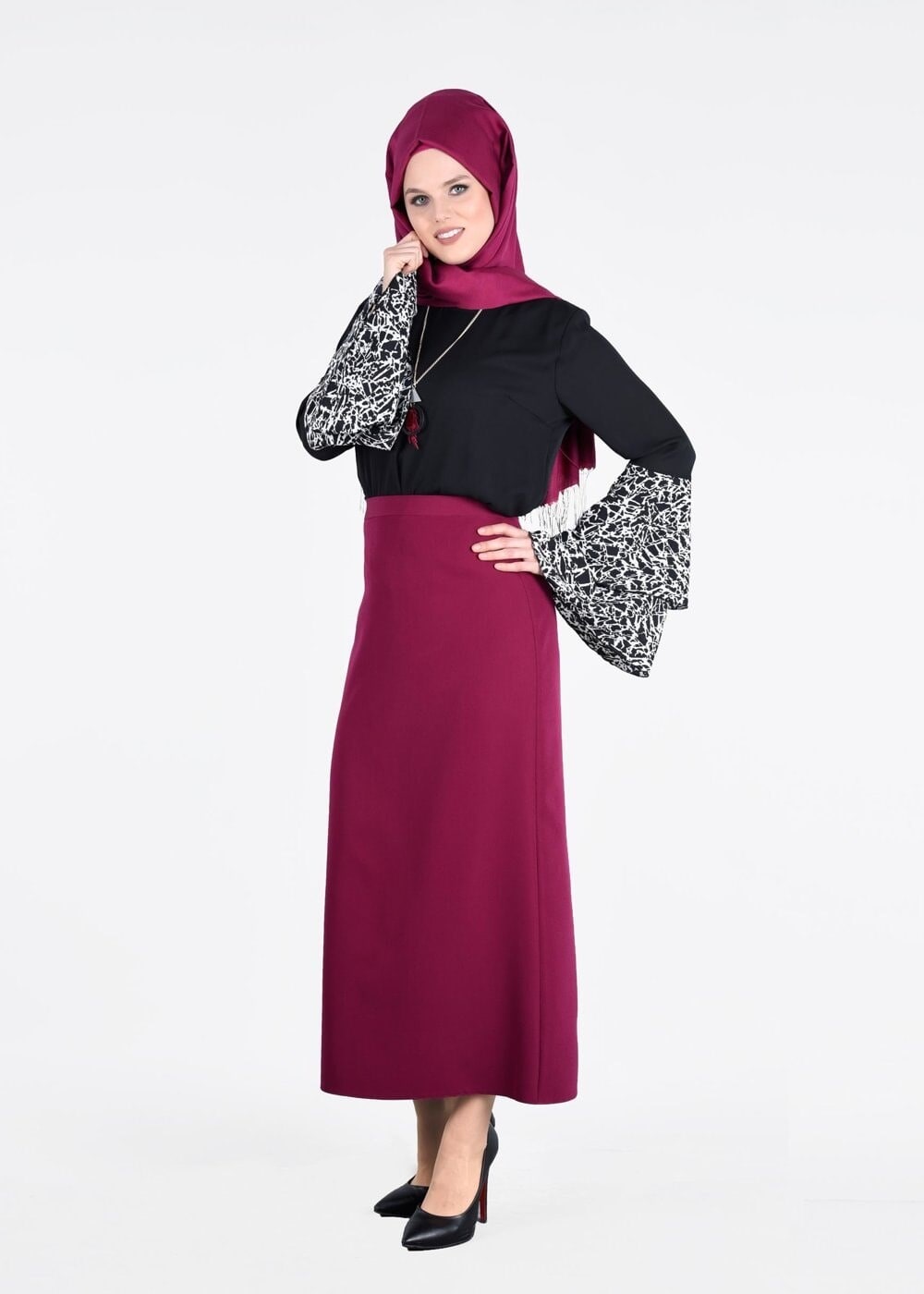 Hijab clothing BLACK PATTERNED HANGING SLEEVE BLOUSE 6648-2 